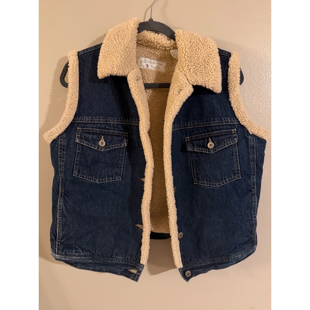 Liz Claiborne Lizwear Jeans Denim Sherpa Lined Vest‎ Dark Wash Blue Women Large